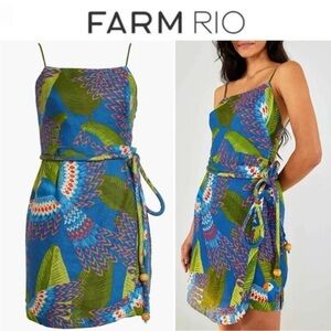 FARM RIO Blue Macaw Parrot Linen Tropical Mini Dress US XS